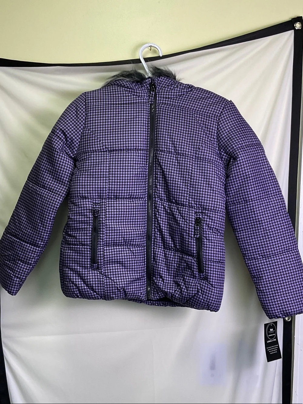 London Fog Girls Purple Houndstooth Puffer Coat with Faux Fur Hood and Beanie